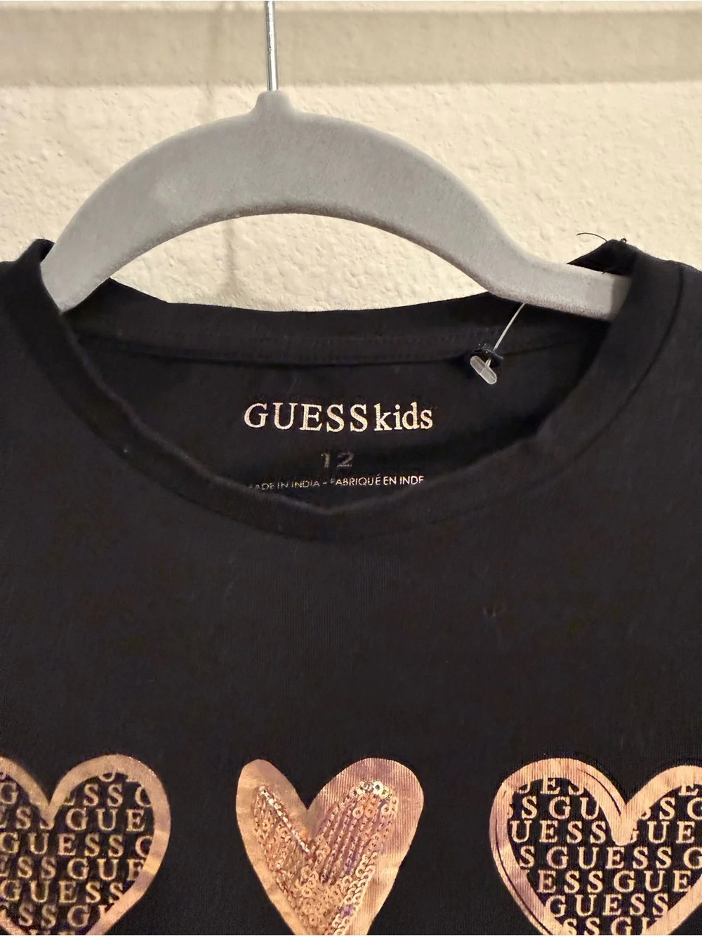 GUESS Kids Black Tee with Metallic Rose Gold Hearts